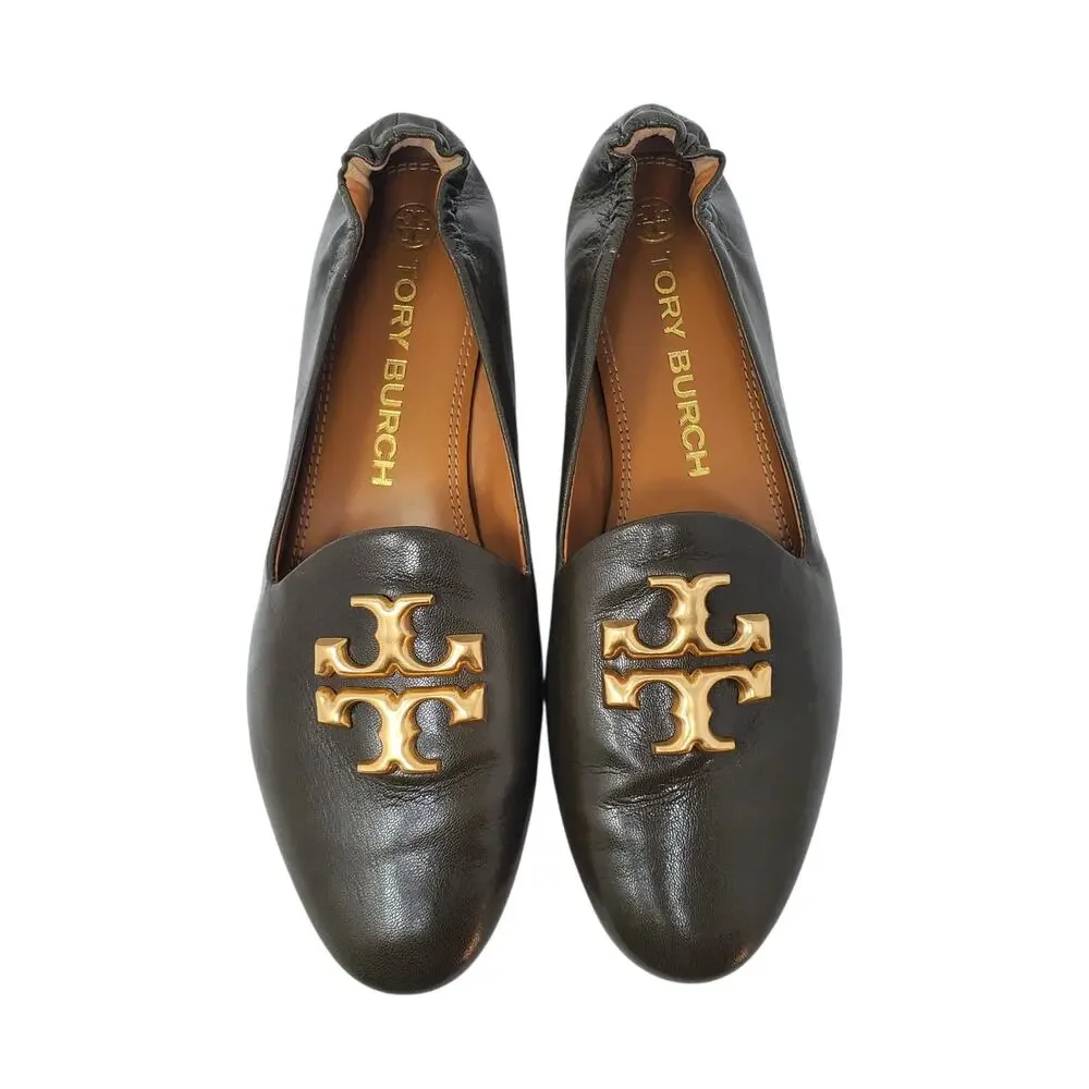 Tory Burch Eleanor Loafers Flat Goat Leather Moss Olive Green Gold 84922 Size 8